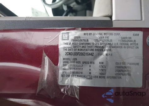 2008 Chevrolet Equinox Ltz z USA, uszkodzony, nr VIN 2CNDL83F286316442